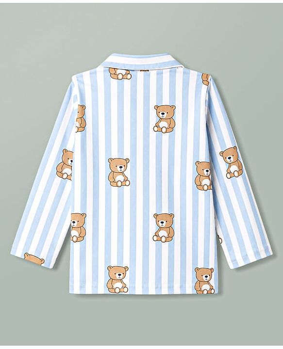 Babyhug Cotton Knit Full Sleeves Striped & Bear Printed Co-Ords Shirt & Pyjama Night Suit - Light Blue