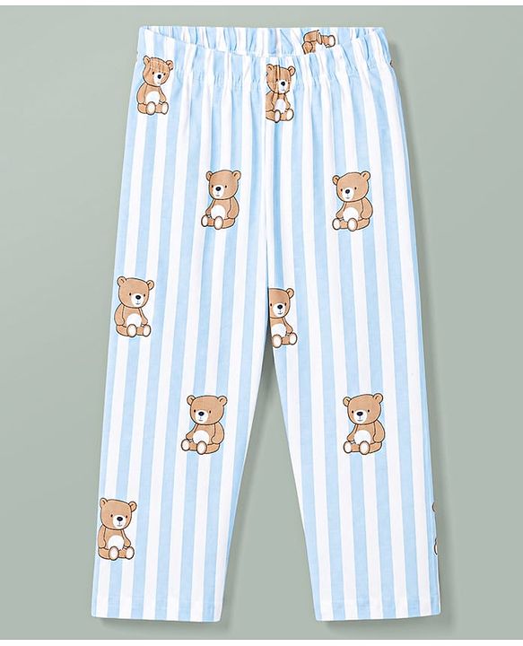 Babyhug Cotton Knit Full Sleeves Striped & Bear Printed Co-Ords Shirt & Pyjama Night Suit - Light Blue