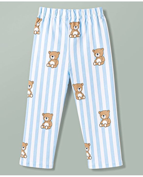 Babyhug Cotton Knit Full Sleeves Striped & Bear Printed Co-Ords Shirt & Pyjama Night Suit - Light Blue