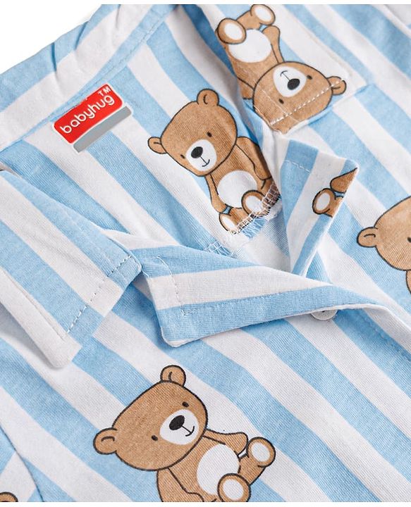 Babyhug Cotton Knit Full Sleeves Striped & Bear Printed Co-Ords Shirt & Pyjama Night Suit - Light Blue