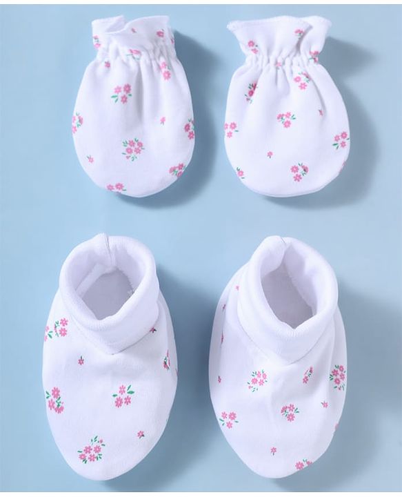 Babyhug 100% Cotton Interlock Knit Mittens and Booties Set With Floral Print - White