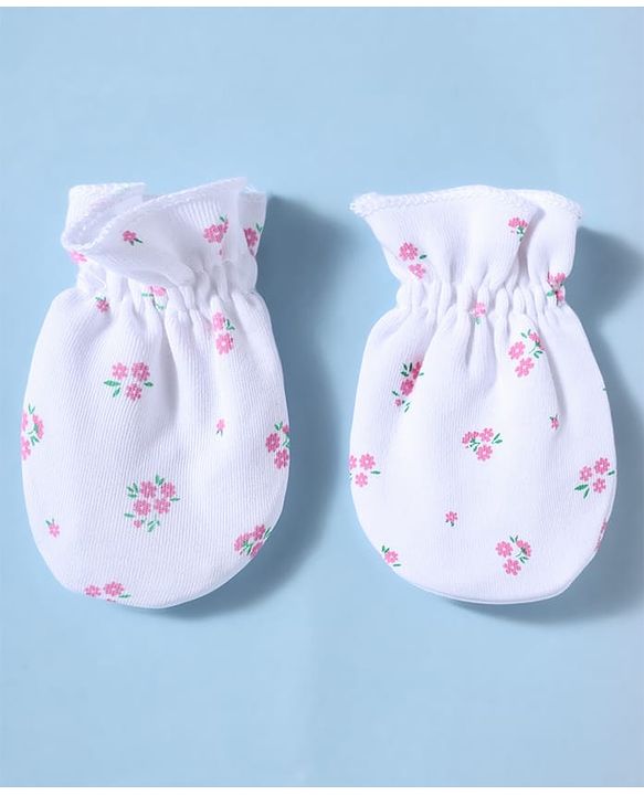 Babyhug 100% Cotton Interlock Knit Mittens and Booties Set With Floral Print - White