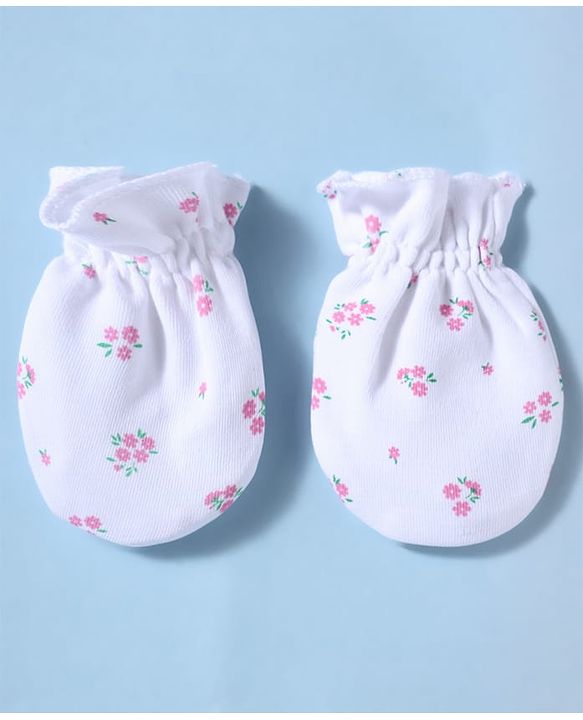 Babyhug 100% Cotton Interlock Knit Mittens and Booties Set With Floral Print - White