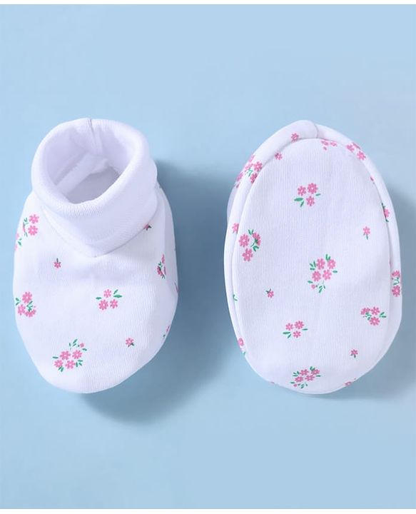 Babyhug 100% Cotton Interlock Knit Mittens and Booties Set With Floral Print - White