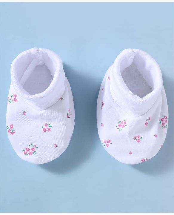 Babyhug 100% Cotton Interlock Knit Mittens and Booties Set With Floral Print - White