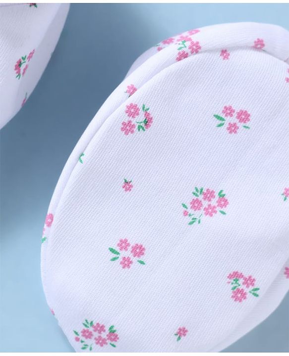 Babyhug 100% Cotton Interlock Knit Mittens and Booties Set With Floral Print - White
