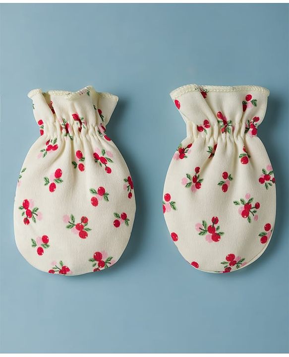 Babyhug 100% Cotton Interlock Knit Mittens & Booties Set With Cherry Print - Light Yellow