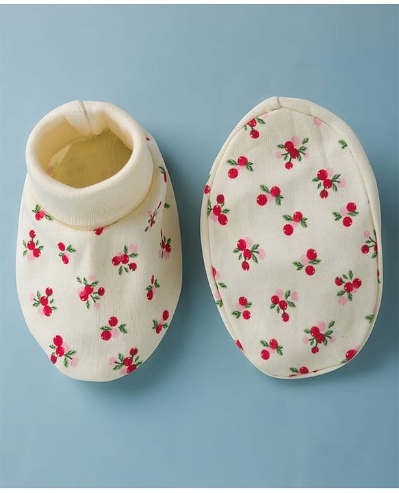 Babyhug 100% Cotton Interlock Knit Mittens & Booties Set With Cherry Print - Light Yellow
