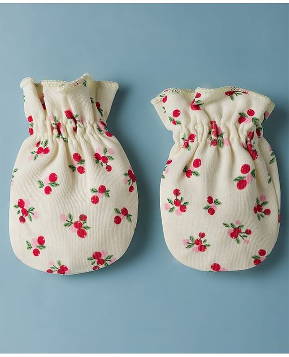 Babyhug 100% Cotton Interlock Knit Mittens & Booties Set With Cherry Print - Light Yellow