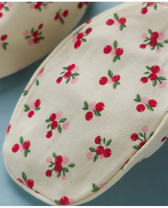Babyhug 100% Cotton Interlock Knit Mittens & Booties Set With Cherry Print - Light Yellow