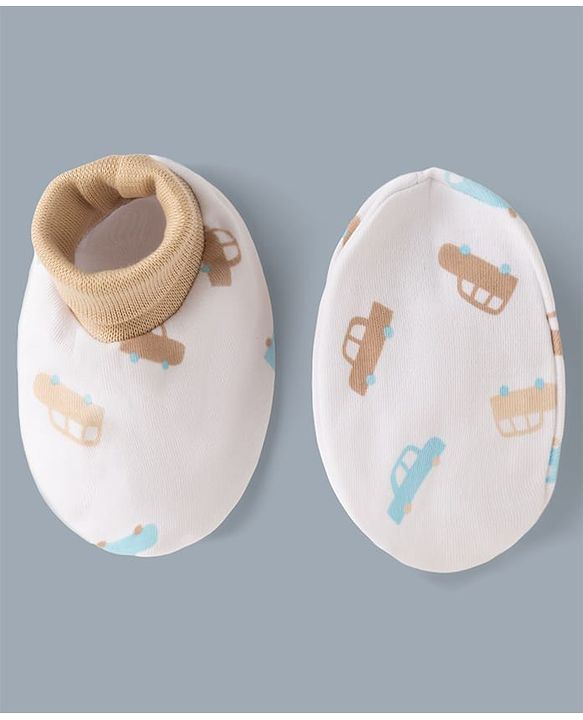 Babyhug 100% Cotton Interlock Knit Mittens & Booties Set With Vehicle & Text Print - White