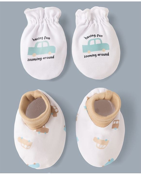 Babyhug 100% Cotton Interlock Knit Mittens & Booties Set With Vehicle & Text Print - White