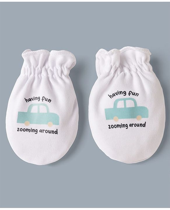 Babyhug 100% Cotton Interlock Knit Mittens & Booties Set With Vehicle & Text Print - White