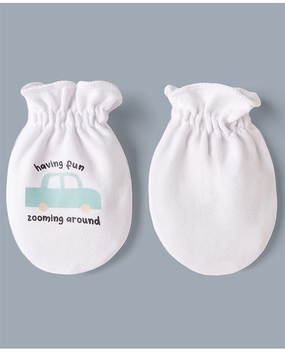Babyhug 100% Cotton Interlock Knit Mittens & Booties Set With Vehicle & Text Print - White