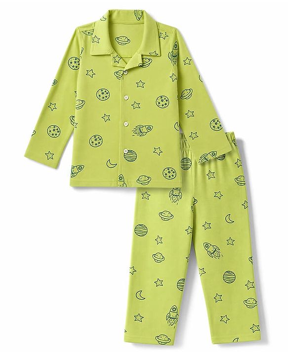 Babyhug Cotton Knit Full Sleeves Shirt & Pyjama Co-ords Night Suit With Star Print - Green