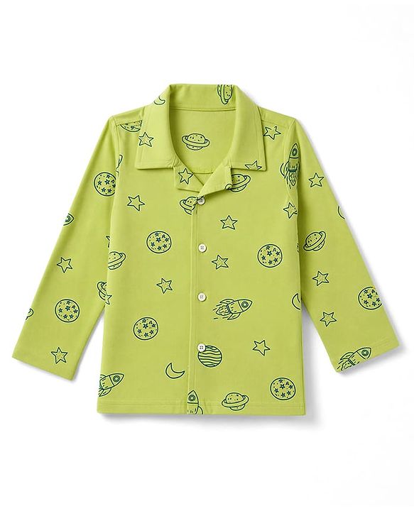 Babyhug Cotton Knit Full Sleeves Shirt & Pyjama Co-ords Night Suit With Star Print - Green
