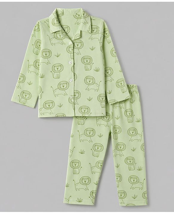Babyhug 100% Cotton Knit Full Sleeves Front Open Shirt & Pyjama Night Suit with Lion Print - Green
