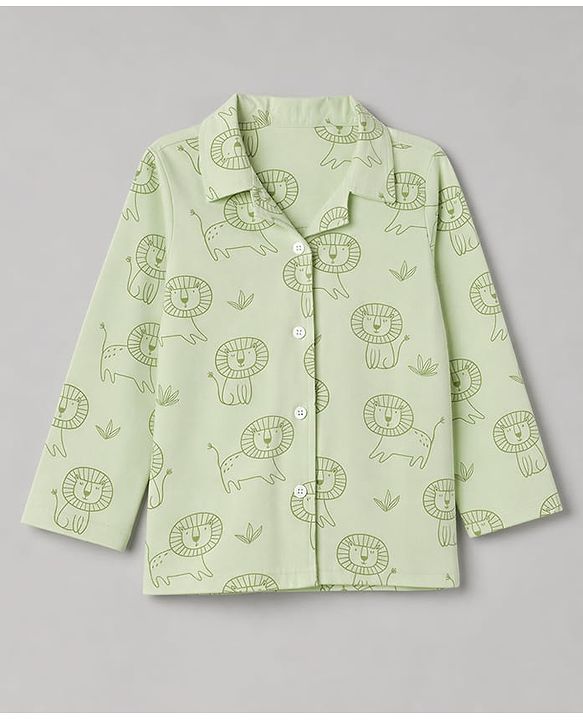 Babyhug 100% Cotton Knit Full Sleeves Front Open Shirt & Pyjama Night Suit with Lion Print - Green
