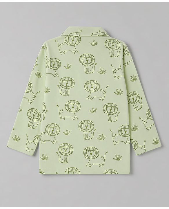 Babyhug 100% Cotton Knit Full Sleeves Front Open Shirt & Pyjama Night Suit with Lion Print - Green
