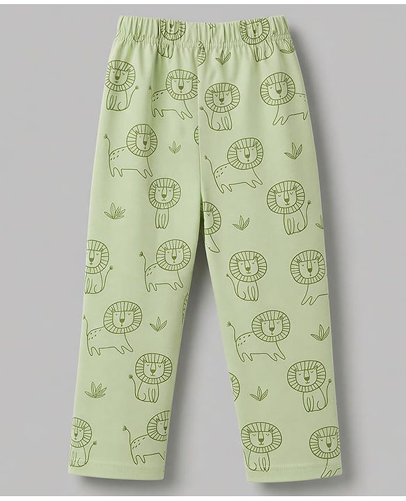 Babyhug 100% Cotton Knit Full Sleeves Front Open Shirt & Pyjama Night Suit with Lion Print - Green