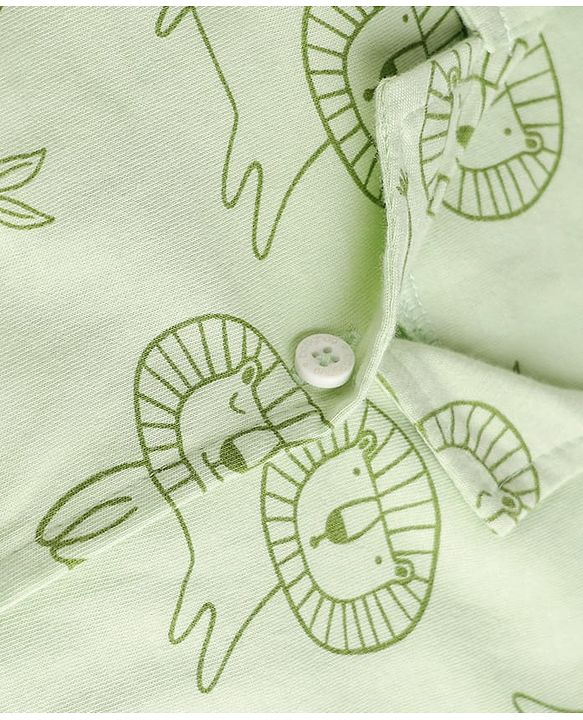 Babyhug 100% Cotton Knit Full Sleeves Front Open Shirt & Pyjama Night Suit with Lion Print - Green
