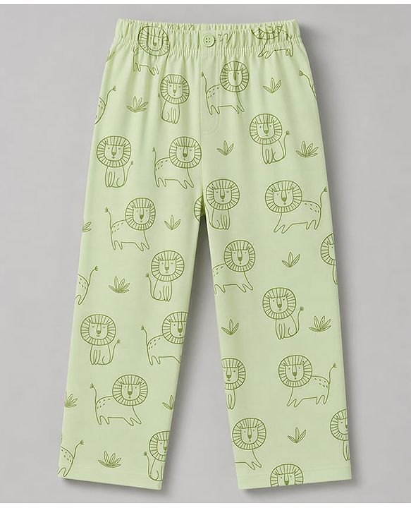 Babyhug 100% Cotton Knit Full Sleeves Front Open Shirt & Pyjama Night Suit with Lion Print - Green