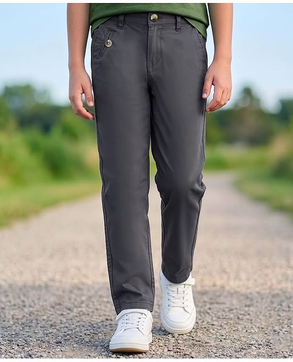 Pine Kids Cotton Elastane Woven Full Length Solid Color Trousers - Grey