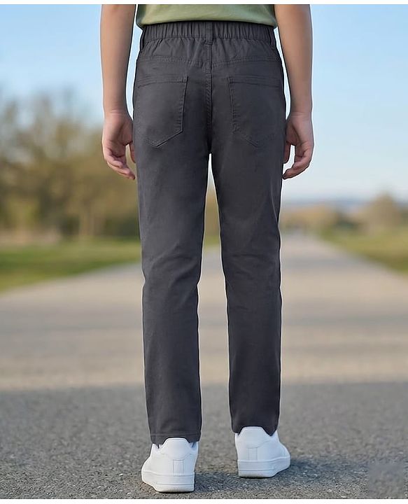 Pine Kids Cotton Elastane Woven Full Length Solid Color Trousers - Grey