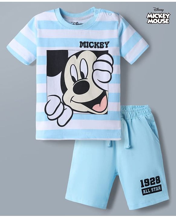 Babyhug Disney 100% Cotton Knit Half Sleeves T-Shirt & Shorts Set With Striped & Mickey Mouse Graphic - Light Blue