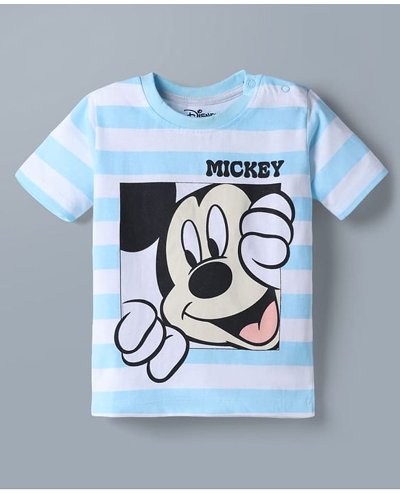 Babyhug Disney 100% Cotton Knit Half Sleeves T-Shirt & Shorts Set With Striped & Mickey Mouse Graphic - Light Blue
