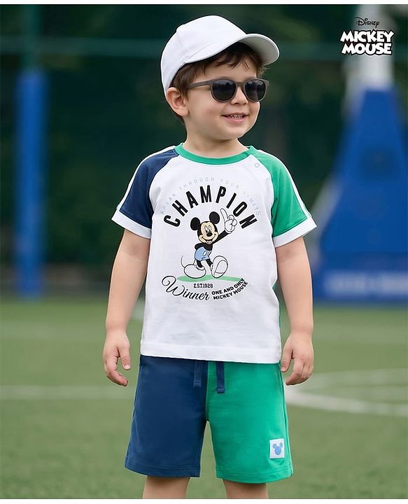 Babyhug Disney 100% Cotton Knit Half Raglan Sleeves T-Shirt & Shorts Set With Mickey Mouse Graphics - Sea Green & Navy Blue