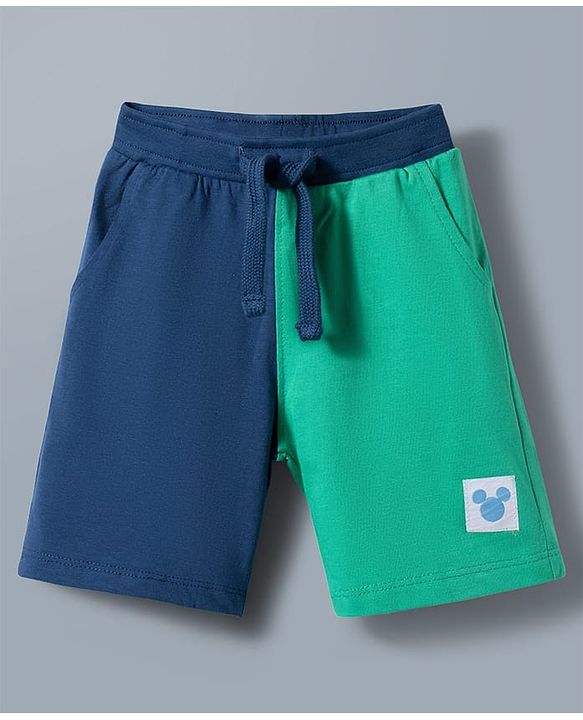 Babyhug Disney 100% Cotton Knit Half Raglan Sleeves T-Shirt & Shorts Set With Mickey Mouse Graphics - Sea Green & Navy Blue