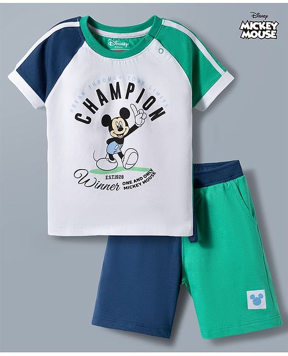 Babyhug Disney 100% Cotton Knit Half Raglan Sleeves T-Shirt & Shorts Set With Mickey Mouse Graphics - Sea Green & Navy Blue