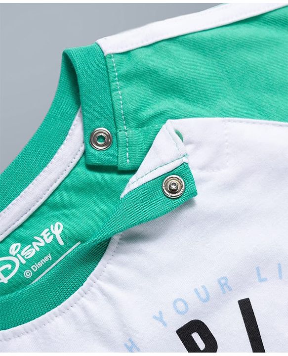 Babyhug Disney 100% Cotton Knit Half Raglan Sleeves T-Shirt & Shorts Set With Mickey Mouse Graphics - Sea Green & Navy Blue