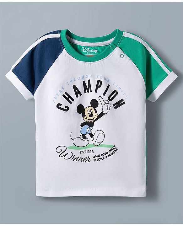 Babyhug Disney 100% Cotton Knit Half Raglan Sleeves T-Shirt & Shorts Set With Mickey Mouse Graphics - Sea Green & Navy Blue