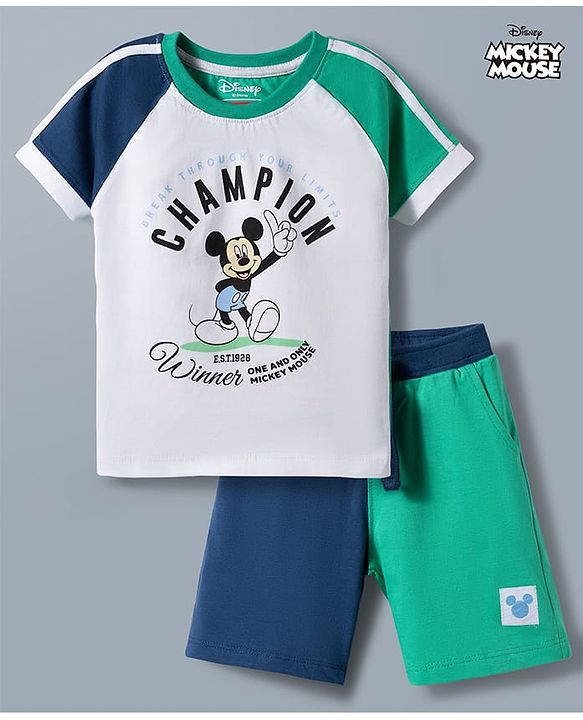 Babyhug Disney 100% Cotton Knit Half Raglan Sleeves T-Shirt & Shorts Set With Mickey Mouse Graphics - Sea Green & Navy Blue