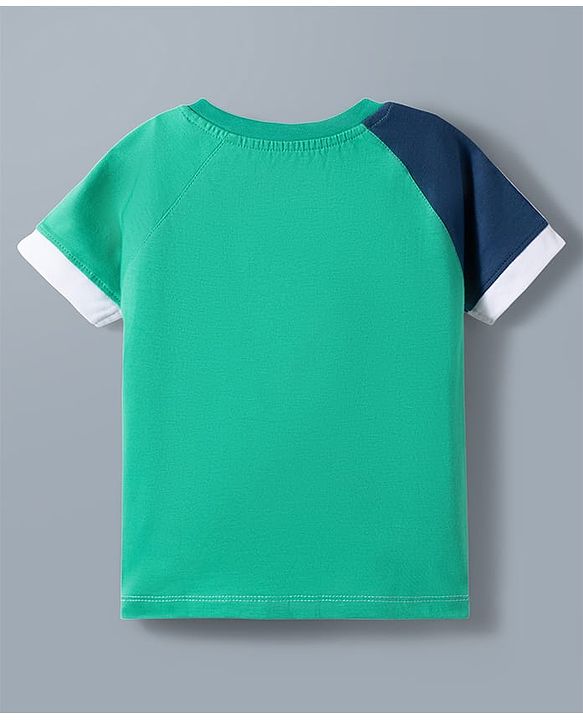 Babyhug Disney 100% Cotton Knit Half Raglan Sleeves T-Shirt & Shorts Set With Mickey Mouse Graphics - Sea Green & Navy Blue
