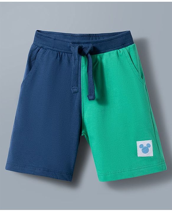 Babyhug Disney 100% Cotton Knit Half Raglan Sleeves T-Shirt & Shorts Set With Mickey Mouse Graphics - Sea Green & Navy Blue