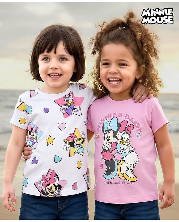 Babyhug Disney Single Jersey Knit Half Sleeves T-Shirts with Minnie & Friends Graphics Pack of 2 - Multicolor