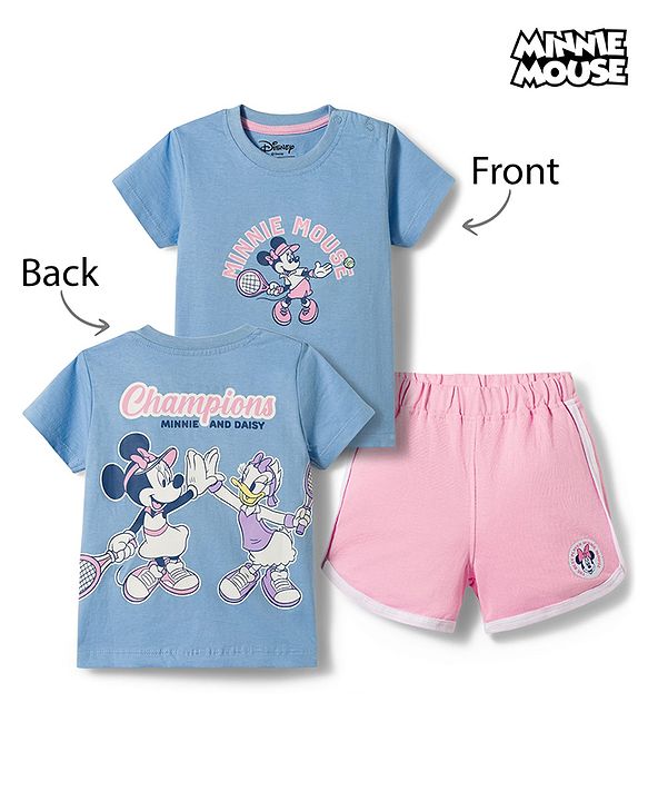 Babyhug Disney Single Jersey Knit Half Sleeves T-Shirt & Shorts Night Suit with Minnie Mouse Graphics - Light Blue
