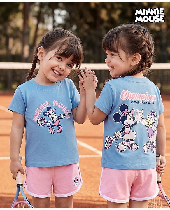Babyhug Disney Single Jersey Knit Half Sleeves T-Shirt & Shorts Night Suit with Minnie Mouse Graphics - Light Blue