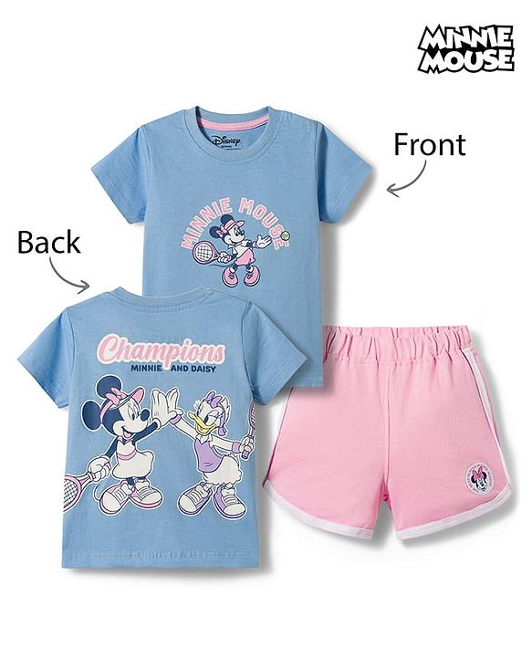 Babyhug Disney Single Jersey Knit Half Sleeves T-Shirt & Shorts Night Suit with Minnie Mouse Graphics - Light Blue