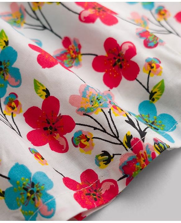 Babyhug Cotton Woven Floral Printed Frock with Half Sleeves Shrug - White & Red