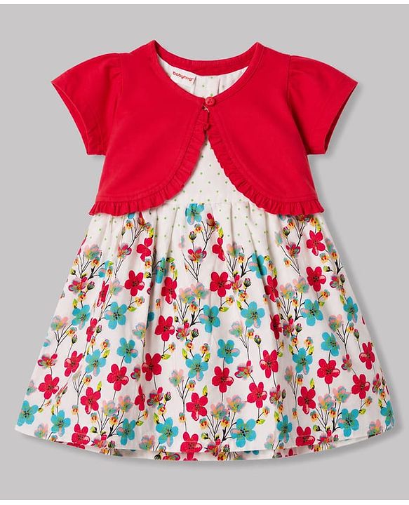 Babyhug Cotton Woven Floral Printed Frock with Half Sleeves Shrug - White & Red