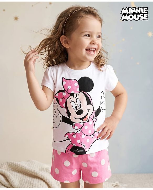 Babyhug Disney Single Jersey Knit Half Sleeves T-Shirt & Shorts Night Suit With Minne Mouse Graphic & Polka Dot Print - Pink