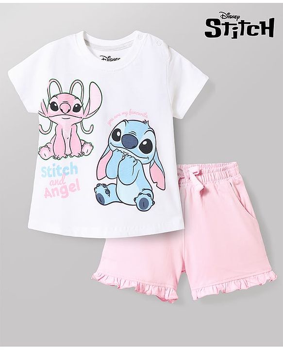 Babyhug Disney Single Jersey Knit Half Sleeves T-Shirt & Shorts Night Suit with Stitch & Angel Graphics - Multicolor