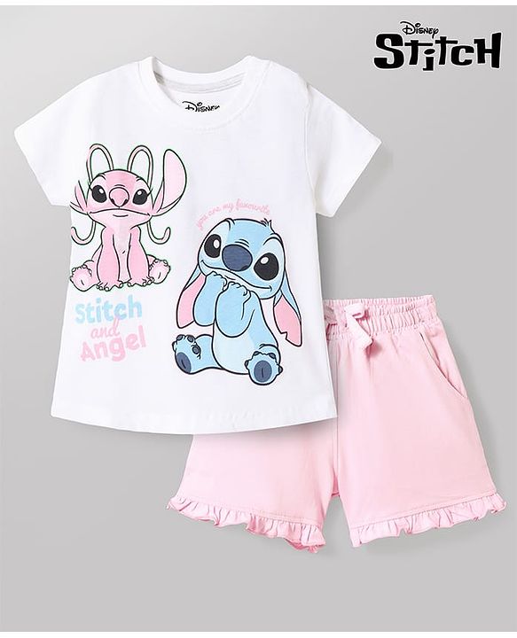 Babyhug Disney Single Jersey Knit Half Sleeves T-Shirt & Shorts Night Suit with Stitch & Angel Graphics - Multicolor