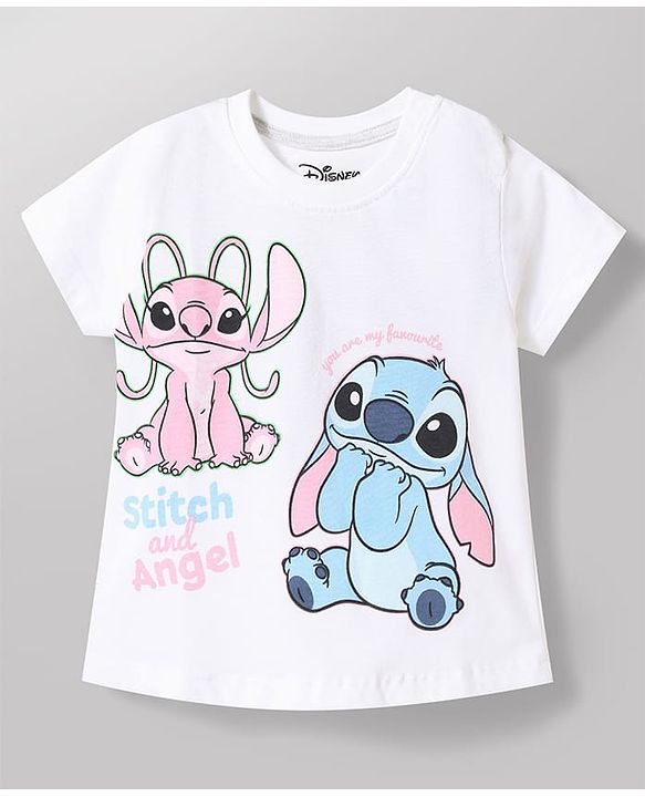 Babyhug Disney Single Jersey Knit Half Sleeves T-Shirt & Shorts Night Suit with Stitch & Angel Graphics - Multicolor