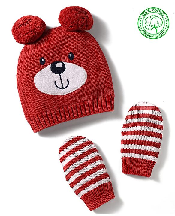 Babyhug 100% Cotton Knit Woollen Cap & Striped Mittens With Bear Embroidery Rust Orange - Diameter 10 cm