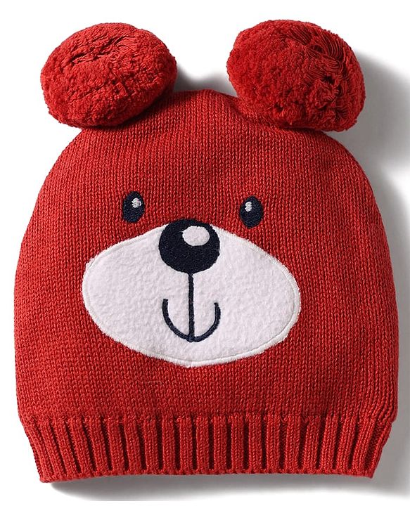 Babyhug 100% Cotton Knit Woollen Cap & Striped Mittens With Bear Embroidery Rust Orange - Diameter 10 cm